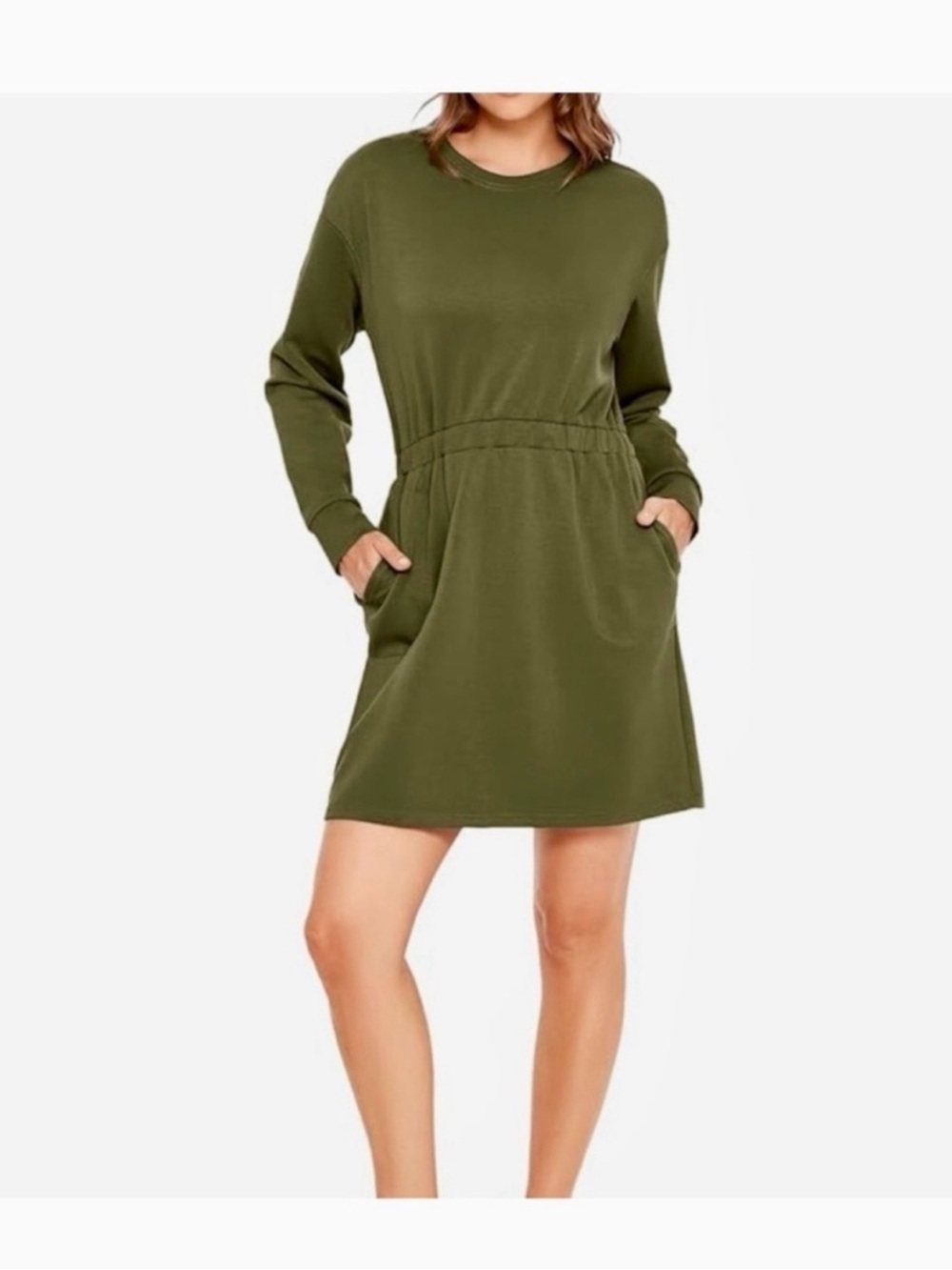 Relaxed Olive Green Long-Sleeve Sweatshirt Dress with Cinched Waist
